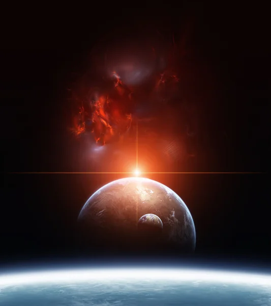 Earth gezegenler ve arka plan üzerinde kırmızı Bulutsusu - Stok İmaj