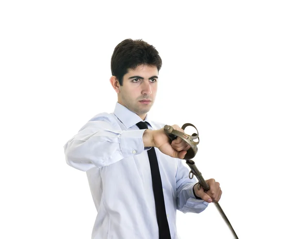Mladý podnikatel s mečem s prázdné místo — Stock fotografie