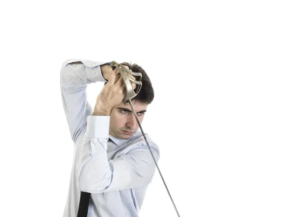 Young businessman fight with old sword — Stock Photo, Image