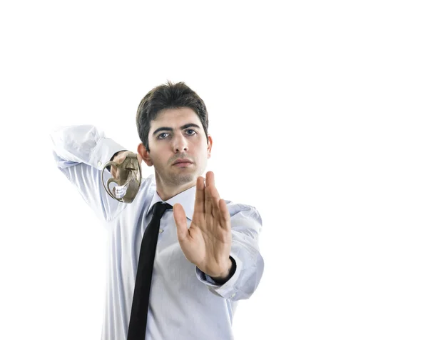 Young businessman fight with old sword — Stock Photo, Image