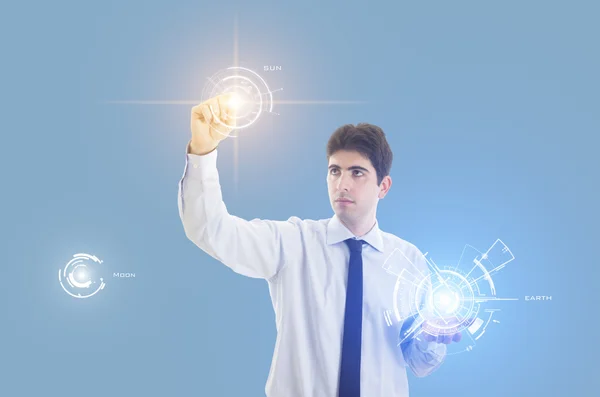 Businessman with virtual interface of solar system — Stock Photo, Image