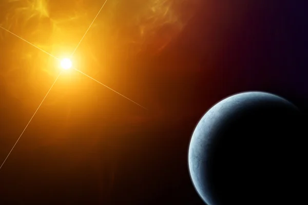 初升的太阳和星云的星球 — 图库照片