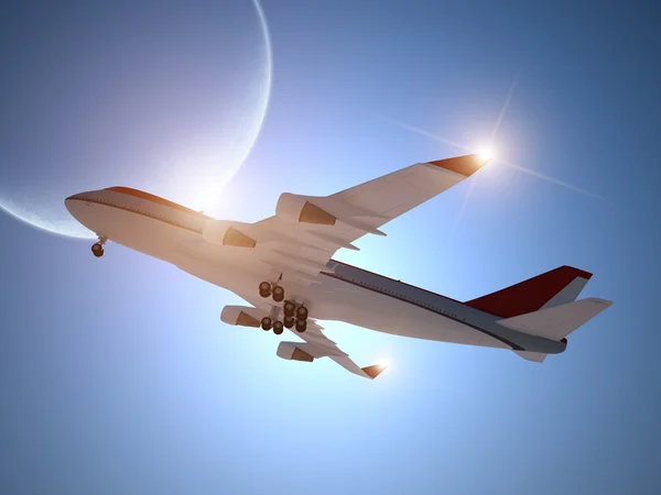Avião decolando com Lua no céu — Fotografia de Stock