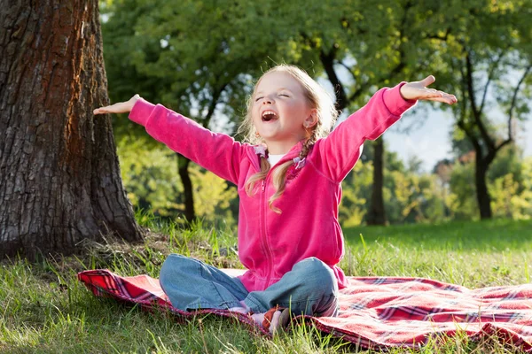 Bonne petite fille avec les mains en l'air dans le parc d'été — Photo