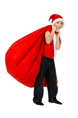 Kırmızı Noel ile Noel Baba şapkalı çocuk beyaz çanta hediye