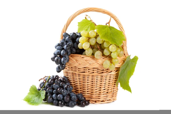 Grapes in basket with vine leaves — Stock Photo, Image
