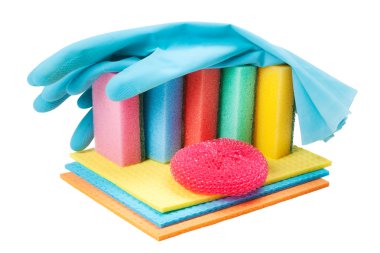 Dish washing sponge, dishcloth, rubber gloves and scrub pad, iso clipart