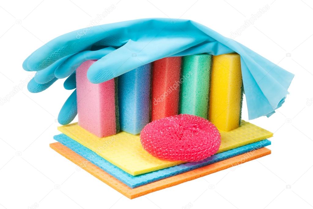 Dish washing sponge, dishcloth, rubber gloves and scrub pad, iso