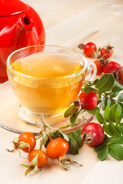 Herbata ziołowa, rose hip i czerwony czajnik — Zdjęcie stockowe