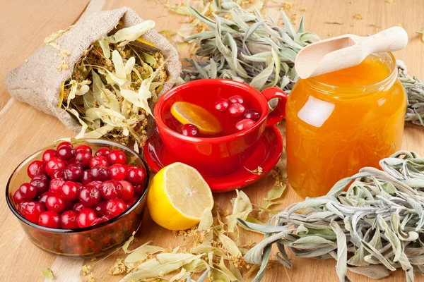 Cranberries, jar with honey, fruit tea cup, healing herbs and le — Stock Photo, Image