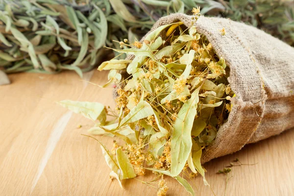 Flores de tília em saco de lona na mesa de madeira, medicina herbal — Fotografia de Stock