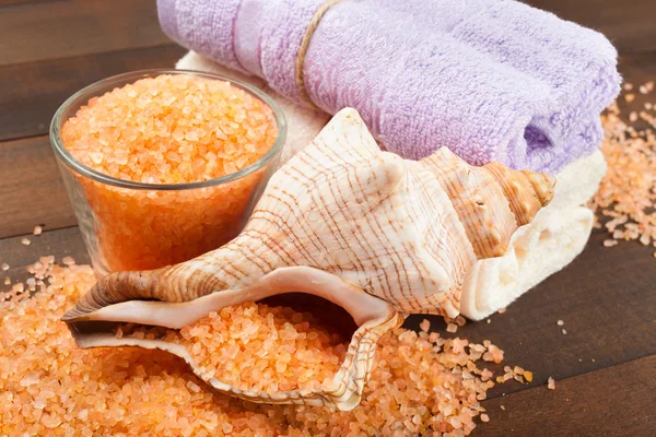 Acessórios para cuidados com o corpo: toalhas, sal marinho, sabão e concha — Fotografia de Stock
