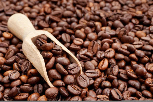 Granos de café y cuchara de madera —  Fotos de Stock