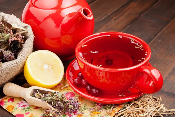 Kırmızı çay bardağı ve çaydanlık, şifalı otlar ve limon — Stok fotoğraf