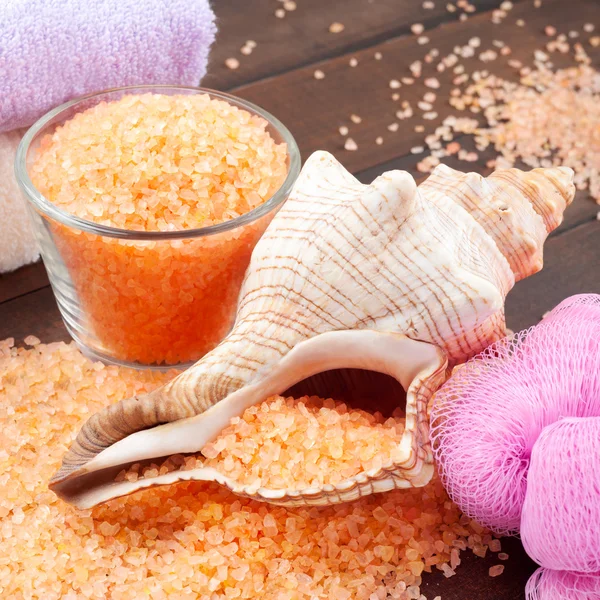 Accesorios para el cuidado del cuerpo: sal marina, toalla, esponja de baño y concha — Foto de Stock