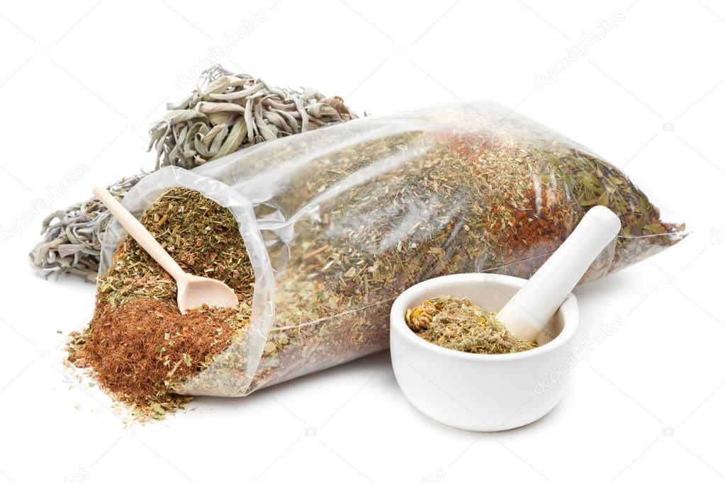 bag of healing herbs, mortar and pestle, herbal medicine