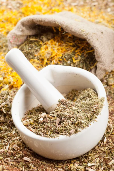 Mortar, pestle and sack of healing herbs, herbal medicine — Stock Photo, Image