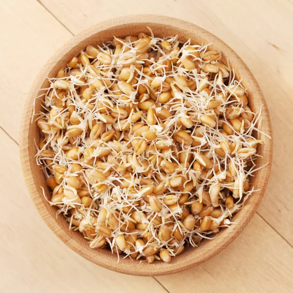Brotos de trigo em tigela de madeira — Fotografia de Stock