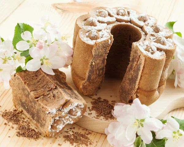 Chocolate cake and branches of blossom apple tree — Stock Photo, Image