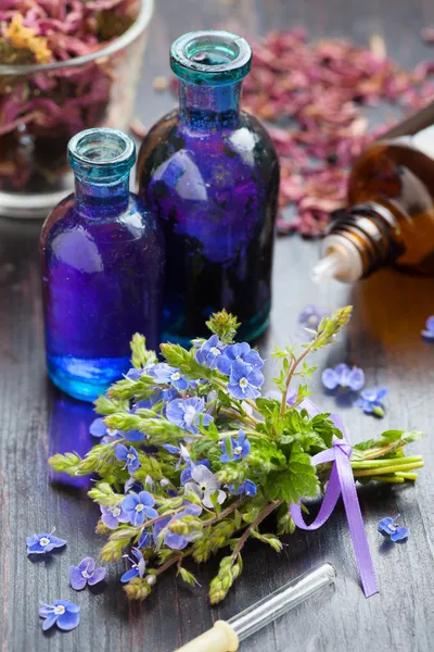Glass bottle of essential oil and blue healing flowers — Stock Photo, Image