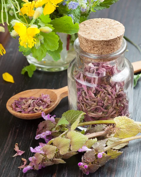 Glass bottle with healing herbs, healthy flowers and wooden spo — Stock Photo, Image