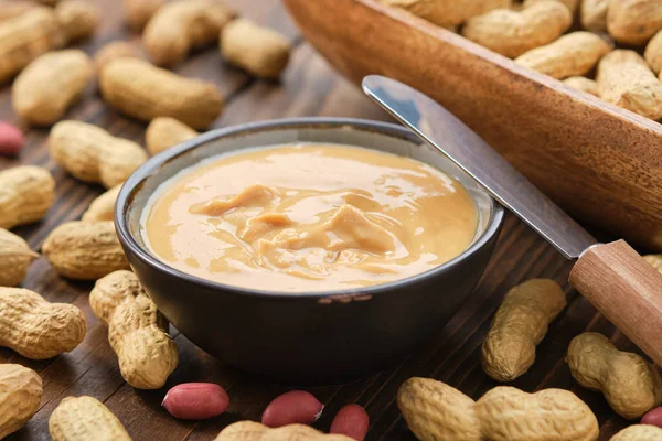 Bowl Peanut Paste Fresh Nuts — Stock Photo, Image