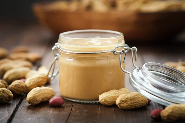 Jar Raw Organic Peanut Butter Peanut Paste Fresh Nuts — стоковое фото