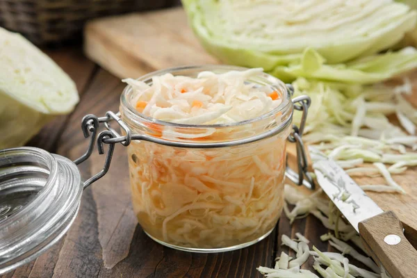 Jar Sour Cabbage Pickled Sauerkraut Fermented Cabbage Coleslaw Salad Chopped — Stock fotografie