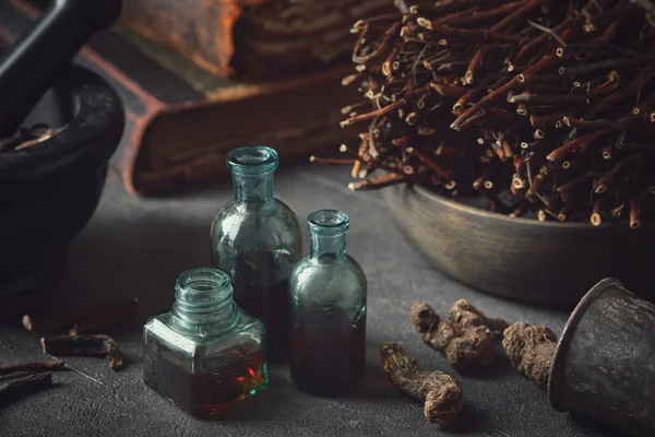 Botol Infus Atau Jahitan Persicaria Bistorta Dan Marshlocks Ungu Akar — Stok Foto