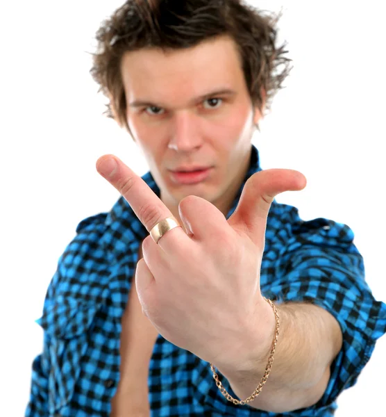 Upset man giving middle finger — Stock Photo, Image