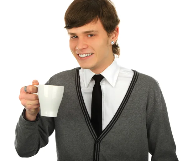 Close-up portrait of young smiling man with a cup — Stock Photo, Image