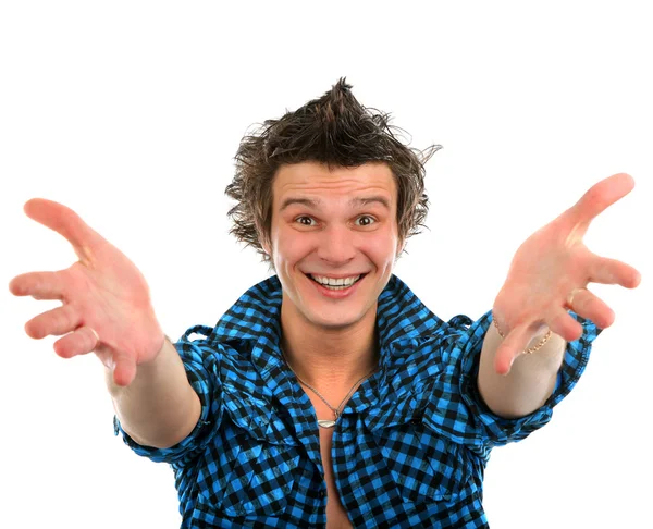 Close up portrait of a beautiful smile young happy man showing w — Stock Photo, Image