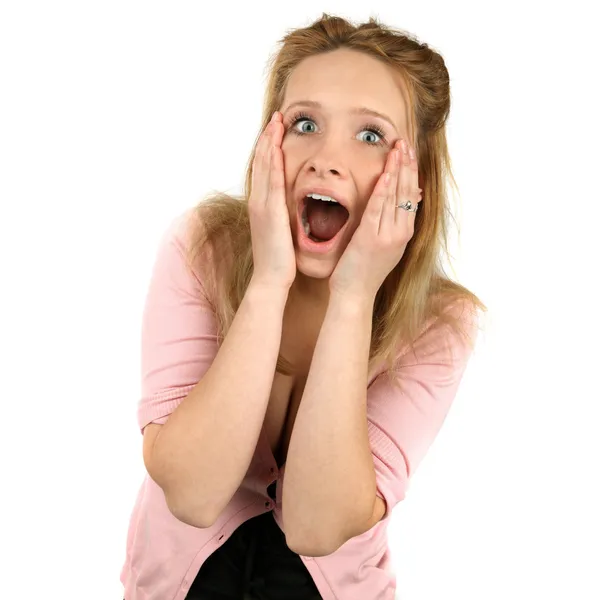 De cerca retrato de una hermosa sonrisa joven feliz sorprendido wom — Foto de Stock