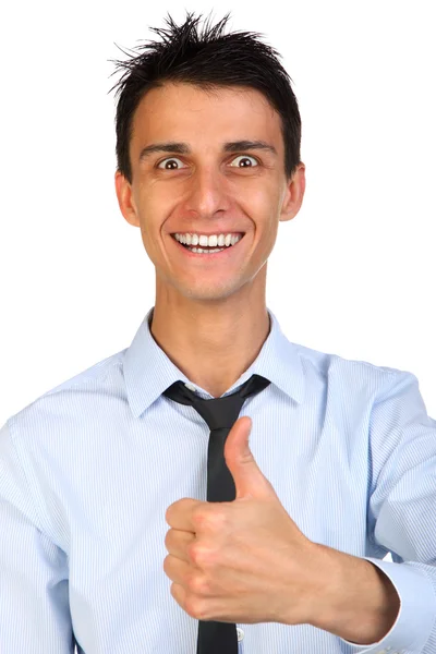 Közelről egy szép mosoly fiatal boldog üzleti ember portréja — Stock Fotó