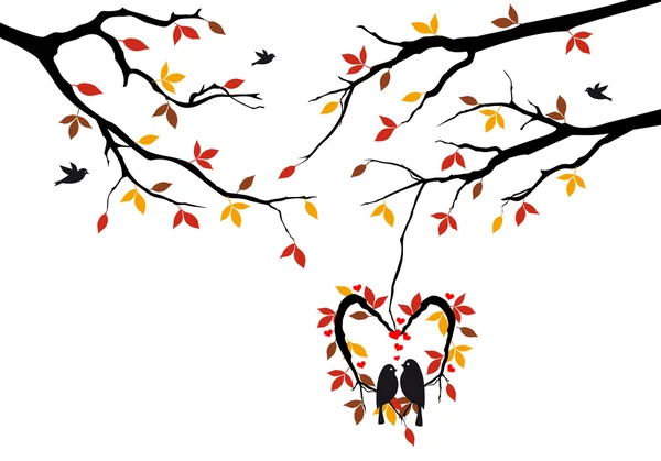 Pájaros en el árbol de otoño en el nido del corazón, vector — Vector de stock