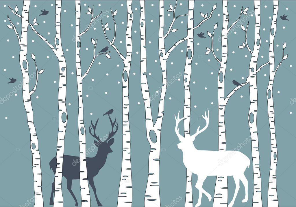 Birch trees with deer, vector background