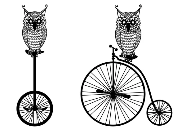 Ugglor med gamla cykel, vektor — Stock vektor