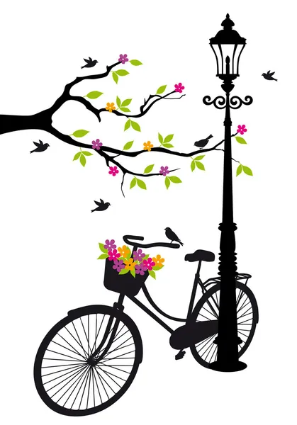 Bicicletta con lampada, fiori e albero, vettore — Vettoriale Stock