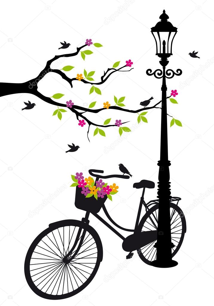 Bicycle with lamp, flowers and tree, vector