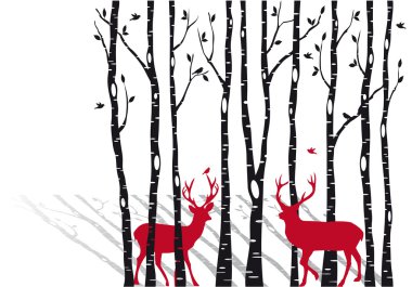 Birch trees with christmas deers, vector vector