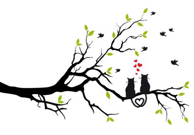 Cats in love on tree, vector clipart