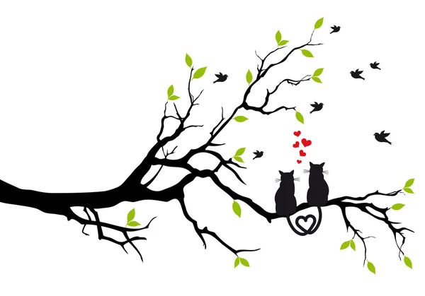 Gatos enamorados en árbol, vector — Vector de stock