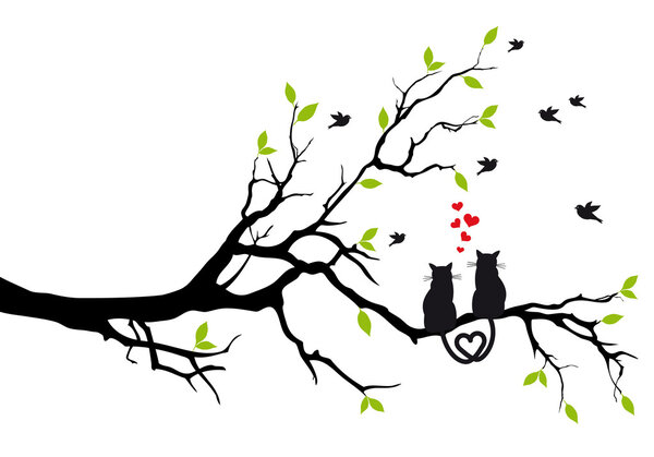 Влюбленные кошки на дереве, вектор
