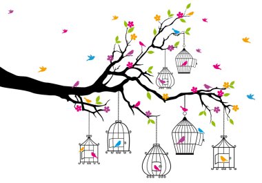 kuşlar ve birdcages, vektör ile ağacı