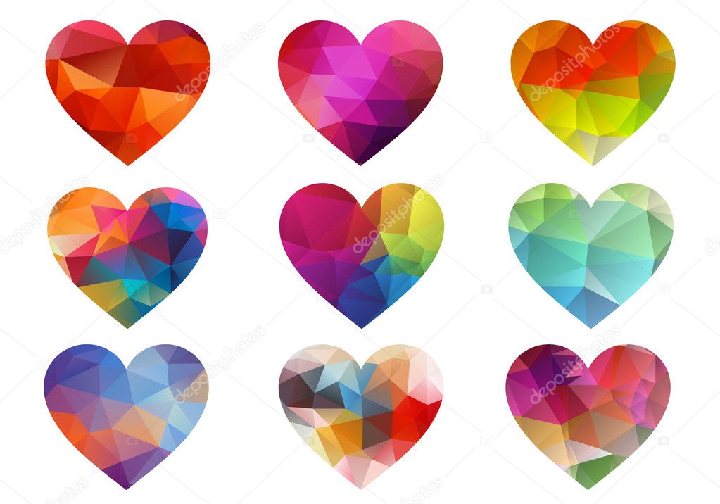 Colorful hearts with geometric pattern, vector
