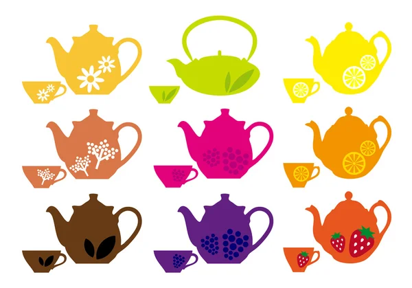 Tea pots and cups with fruits, vector — Stock Vector