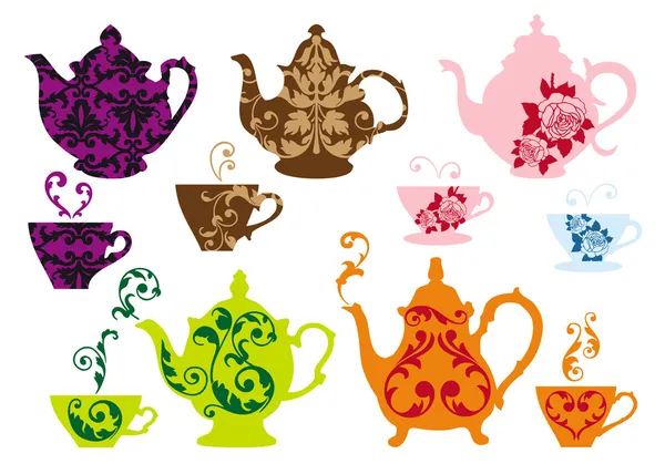 Tea pots and cups with baroque pattern, vector — Stock Vector