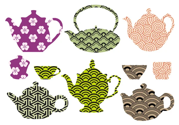 Tea pots and cups with asian pattern, vector — Stock Vector