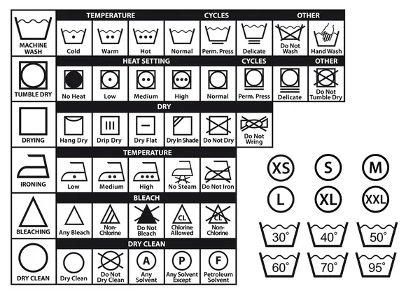 Cuidado textil símbolos, conjunto de vectores — Archivo Imágenes Vectoriales
