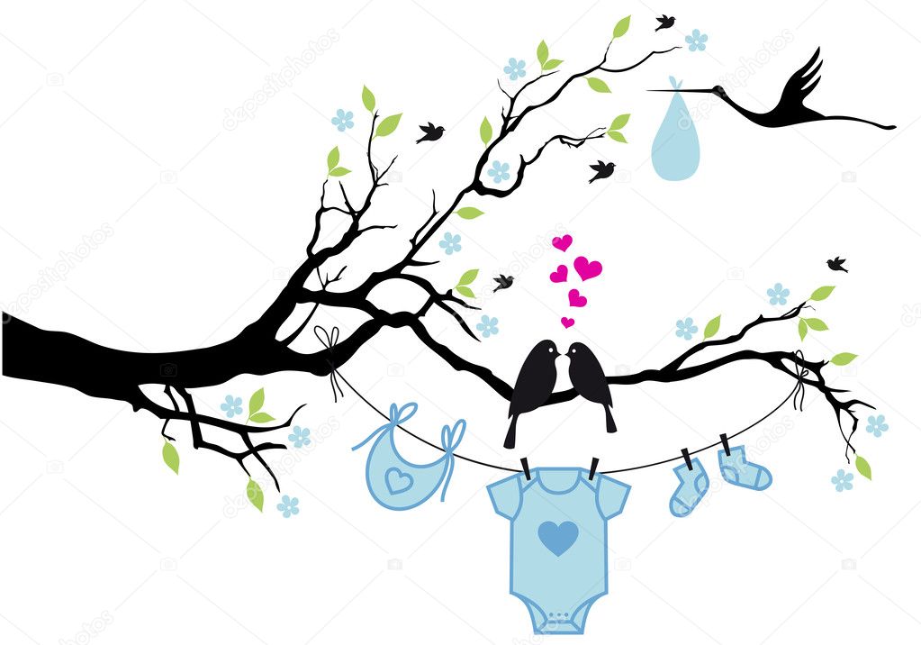 baby boy with birds on tree, vector